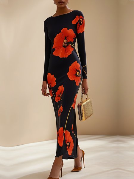 

Elegant Crew Neck Regular Fit Floral Dress, As picture, Maxi Dresses