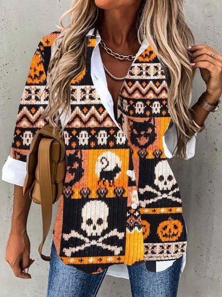 

Shirt Collar Long Sleeve Halloween Regular Loose Shirt For Women, Orange, Shirts