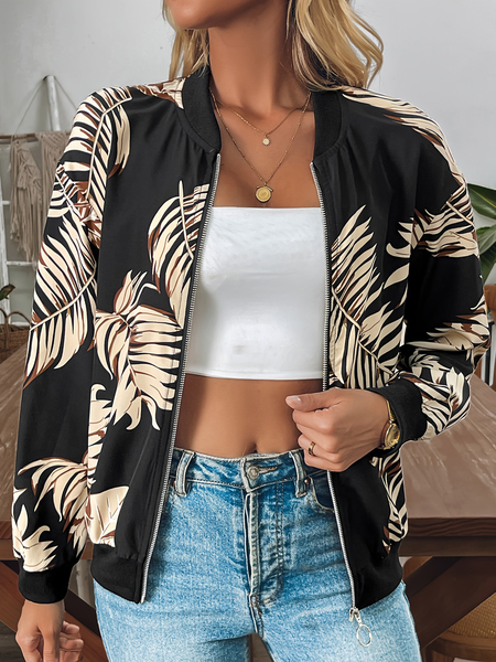 

Women's Autumn Outerwear Casual Zipper Leaf Long Sleeve Jacket, Black, Jackets
