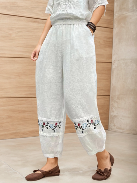 

Embroidery Patterns Linen Pants, White, Pants