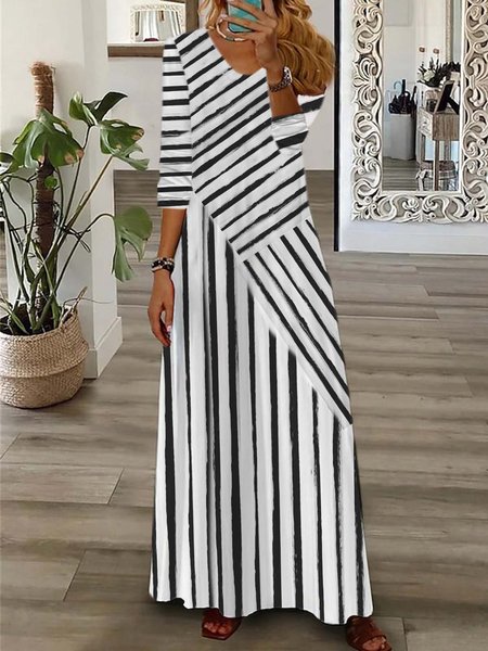 Women Striped V Neck Long Sleeve Comfy Casual Maxi Dress, Black, Dresses