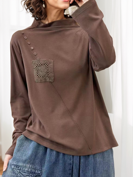 Women Plain Crew Neck Linen Long Sleeve T-shirt, Red brown, Long Sleeves