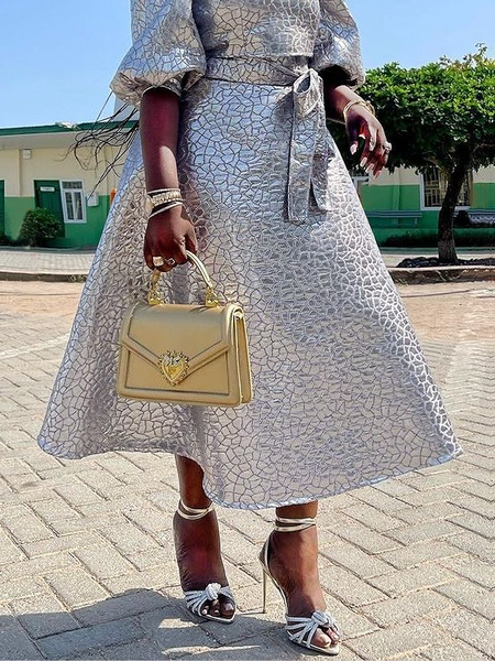

Loose Urban Pu Faux Leather High Waist Midi Skirt, Silver, Skirts