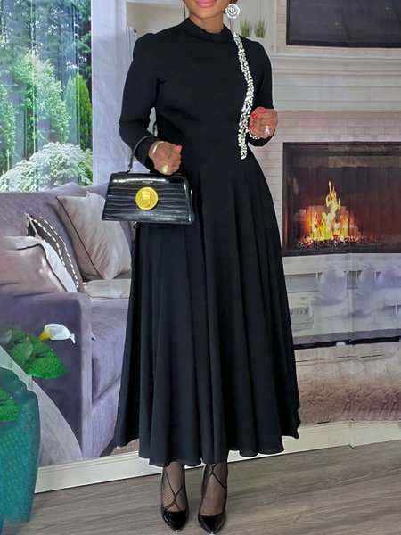 Rhinestones Regular Sleeve Regular Fit Elegant Dress, Black, Maxi Dresses