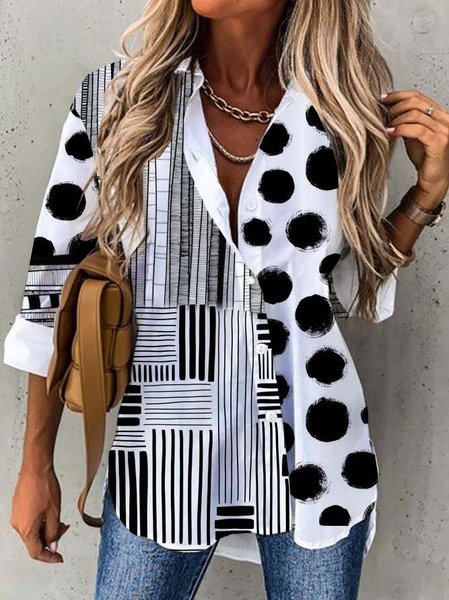 Shirt Collar Loose Casual Geometric Shirt, Black, Blouses