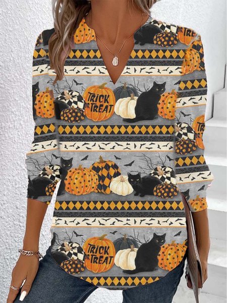 

Crew Neck Long Sleeve Halloween Regular Micro-Elasticity Regular Fit Mock Two-Piece Blouse For Women, Multicolor, Blouses