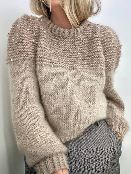 

Daily Loose Crew Neck Glitter Plain Sweater, Apricot, Pullovers