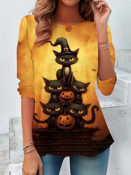 

Vintage Halloween Crew Neck Long Sleeve T-shirt, Orange, Blouses