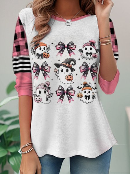 

Casual Halloween Crew Neck Long Sleeve T-shirt, Pink, T-shirts