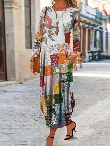 

Women Floral Crew Neck Long Sleeve Comfy Casual Maxi Dress, Multicolor, Dresses