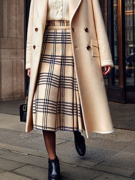 Loose Casual Plaid Skirt, Khaki, Skirts