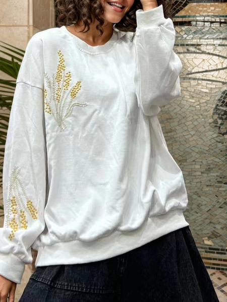 

Loose Linen Sweatshirt, White, Long Sleeves