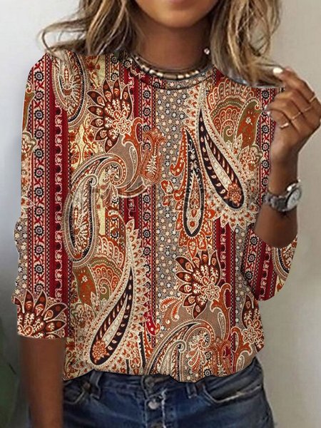 

Women's Long Sleeve Tee T-shirt Spring/Fall Paisley Printing Jersey Crew Neck Holiday Going Out Vintage Top, Wine red, T-Shirts