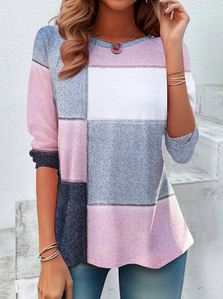 

Contrast Color Geometric Casual T-Shirt, Pink, Long sleeves
