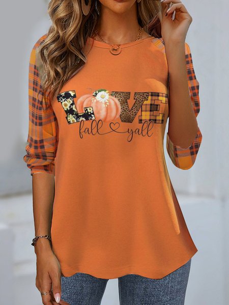 

Women's Long Sleeve Tee T-shirt Spring/Fall Plaid Jersey Crew Neck Daily Going Out Casual Top, Orange, T-Shirts