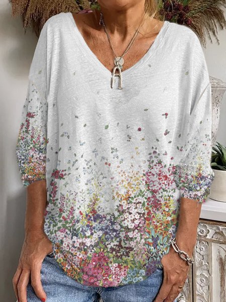 

Casual Floral V Neck Long Sleeve T-shirt, Multicolor, T-shirts