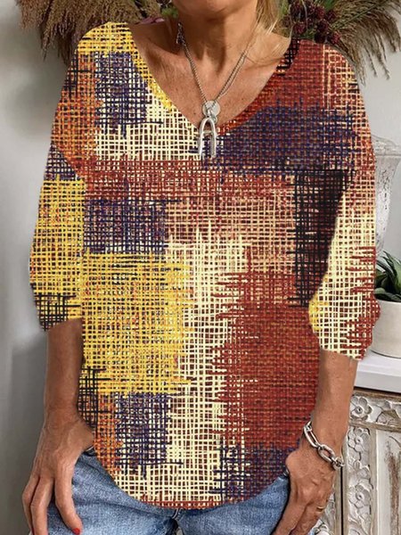 

Casual Geometric V Neck Long Sleeve T-shirt, Multicolor, T-shirts