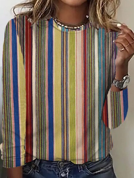 

Casual Striped Crew Neck Long Sleeve T-shirt, Multicolor, T-shirts