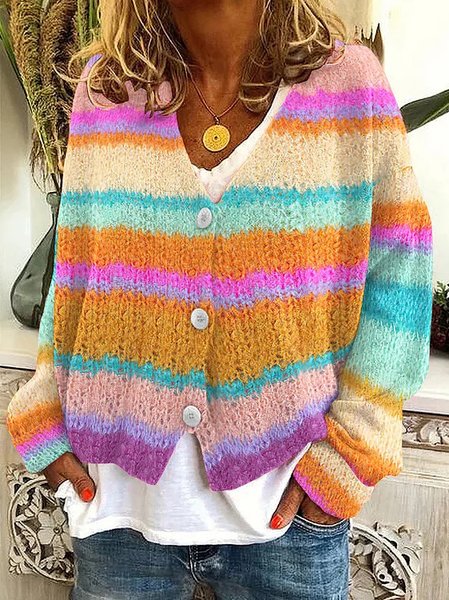 

Women Yarn/Wool Yarn Abstract Stripes Long Sleeve Comfy Casual Buckle Cardigan, Color6, Cardigans