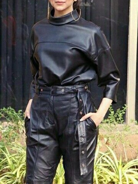 

Stand Collar Pu Regular Sleeve Urban Faux Leather Top, Black, Tops