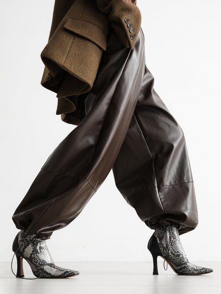 Ankle Banded Urban Faux Leather Pants, Brown, Leather Pants