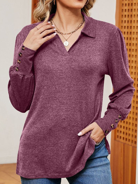 Women's Long Sleeve Blouse Spring/Fall Plain Shirt Collar Daily Going Out Casual Top, Fuchsia, Shirts & Blouses