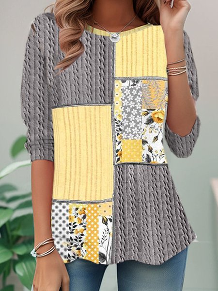 

Casual Striped Crew Neck Long Sleeve T-shirt, Yellow, T-shirts