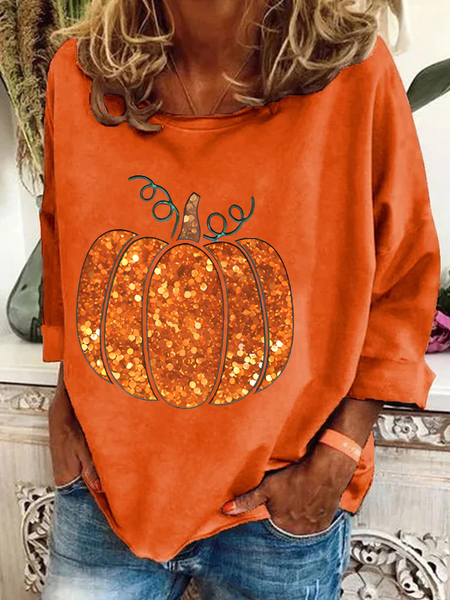 Sequin Pumpkin Print Casual Sweatshirt, Orange, Hoodies&Sweatshirts