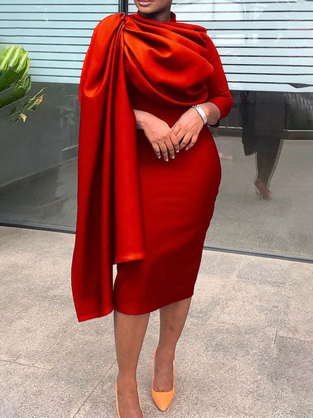 

Stand Collar Plain Regular Fit Elegant Party Midi Dress, Red, Midi Dresses