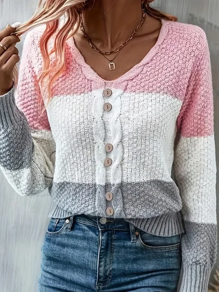 

Women Yarn/Wool Yarn Color Block Long Sleeve Comfy Casual Buckle Sweater, Pink, T-shirts