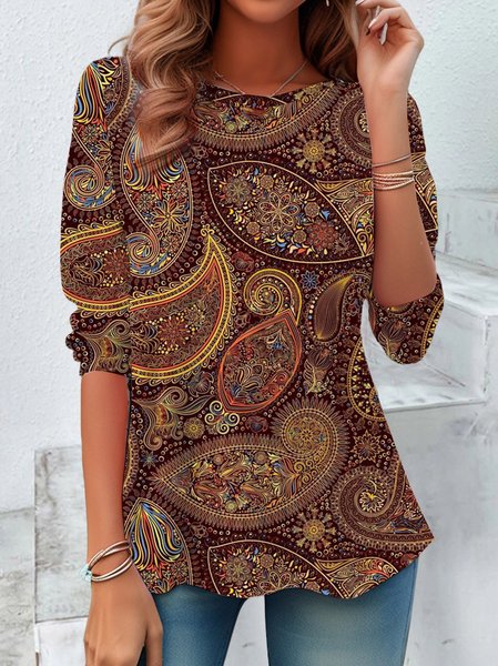 

Women's Long Sleeve Tee T-shirt Spring/Fall Cashew Flowers Printing Jersey Crew Neck Holiday Going Out Vintage Top, Brown, T-Shirts
