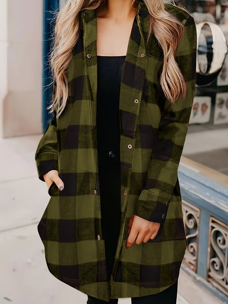 Cotton Loose Casual Plaid Shirt, Green, Blouses & Shirts