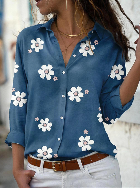 Shirt Collar Long Sleeve Floral Regular Loose Shirt For Women, Blue, Shirts