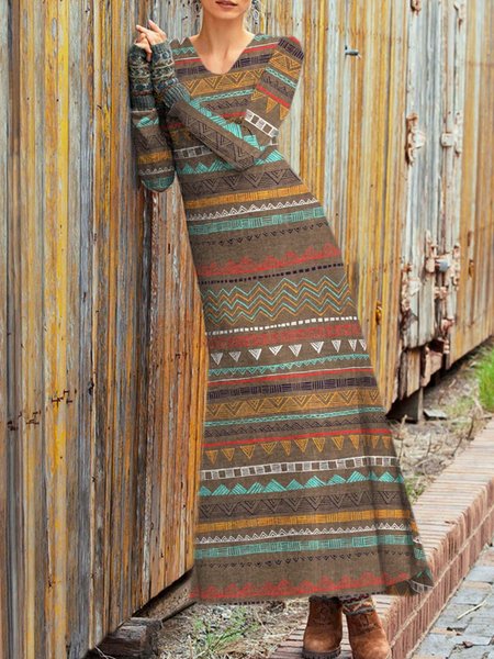 

Women Geometric V Neck Long Sleeve Comfy Casual Maxi Dress, Brown, Dresses