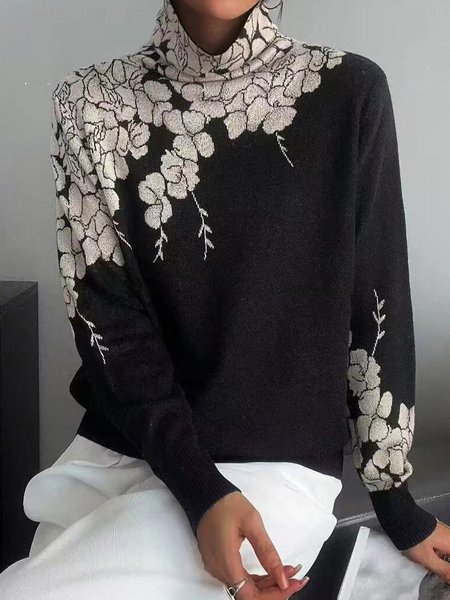 

Casual Turtleneck Regular Sleeve Plants Sweater, Black, Pullovers