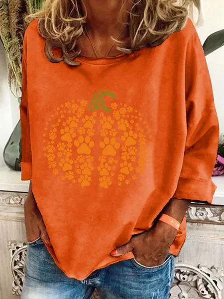 

Paw Pumpkin Print Halloween Casual Sweatshirt, Orange, Hoodies&Sweatshirts