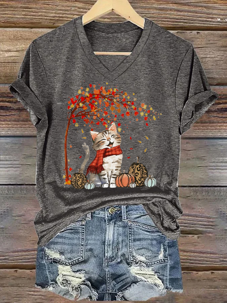 

Autumn Cat Loose Crew Neck Casual T-Shirt, Deep gray, T-shirts