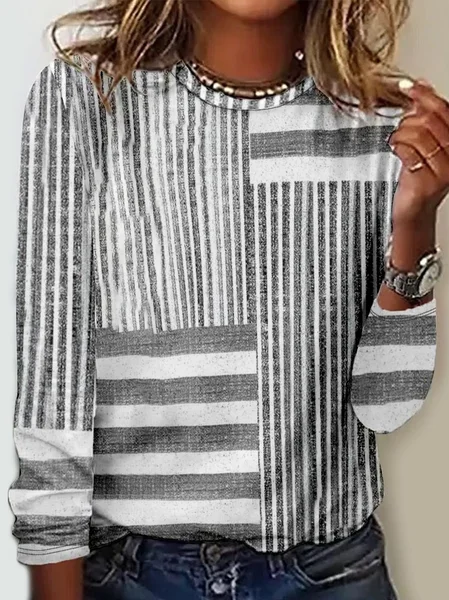 

Regular Fit Crew Neck Striped Casual Long Sleeve Shirt, Gray, Long sleeves