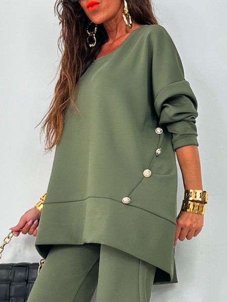 

Crew Neck Plain Buttoned Casual Sweatshirt, Green, Hoodies and Sweatshirts