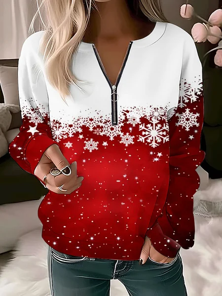 

Women's Crew Neck Snowflake Printing Vintage Spring/Fall Long Sleeve Sweatshirt, Red, Sweatshirts & Hoodies