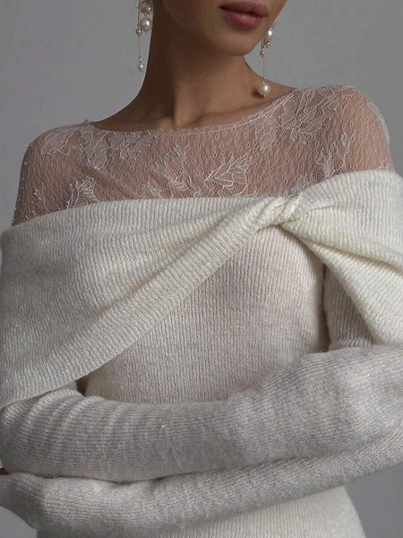 

Raglan Sleeves Casual Plain Crew Neck Sweater, White, Pullovers