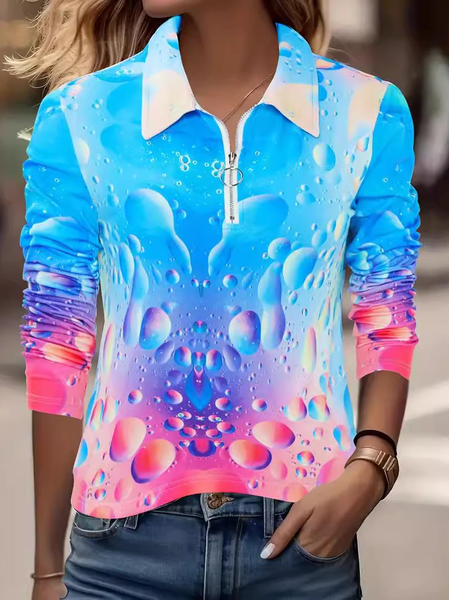 

Shawl Collar Long Sleeve Abstract Regular Micro-Elasticity Loose Blouse For Women, Blue, Blouses
