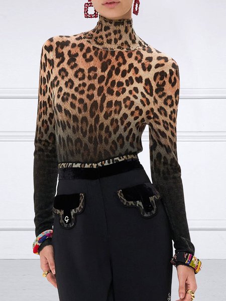 

Urban Leopard Turtleneck T-Shirt, As picture, Tees