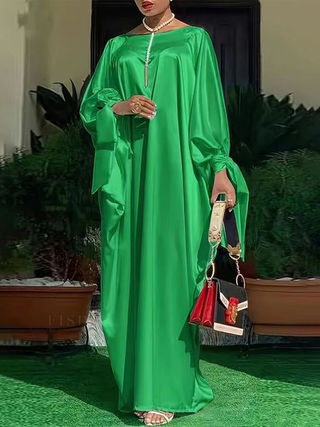 

Long Sleeve Plain Boat Neck Loose Elegant Dress, Green, Maxi Dresses