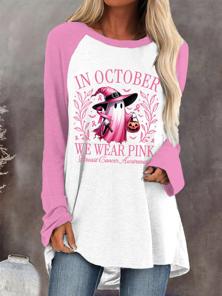 

Women's In October We Wear Pink Halloween Ghost Breast Cancer Awareness Warrior Long-Sleeve Shirt, Long sleeves