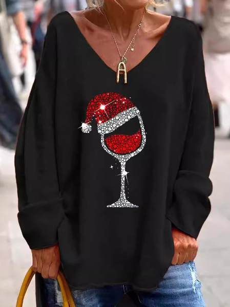 Christmas Wine Glass Casual Long Sleeve Shirt, Black, Long sleeves