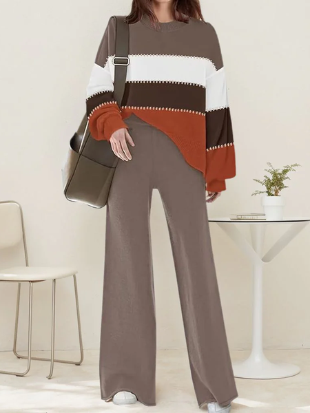 

Women Color Block Crew Neck Long Sleeve Comfy Casual Top With Pants Two-Piece Set, Brown, Sets