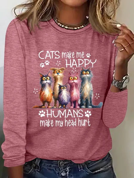 

Cats Make Me Happy Humans Make My Head Hurt Casual Long Sleeve Shirt, Watermelon, Long sleeves