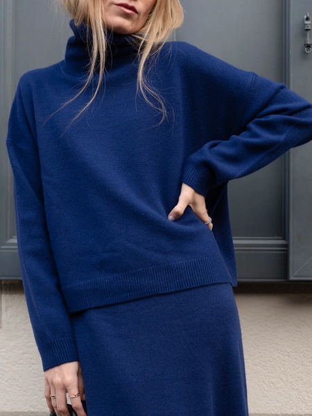 Plain Turtleneck Elegant Loose Sweater, Blue, Pullovers