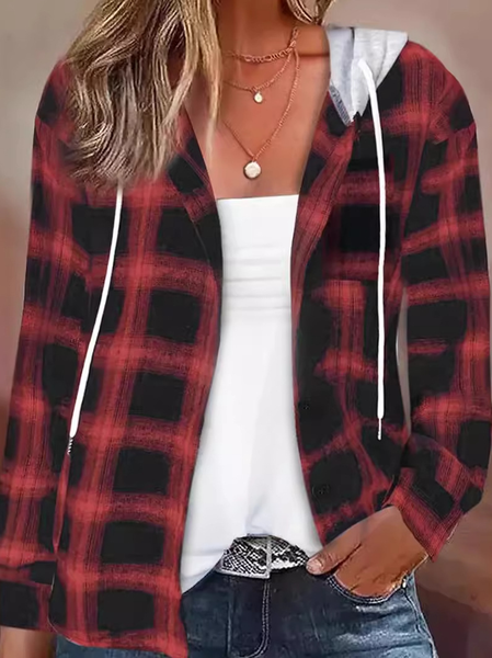 Shirt Collar Long Sleeve Plaid Regular Loose Shirt For Women, Red, Outerwear